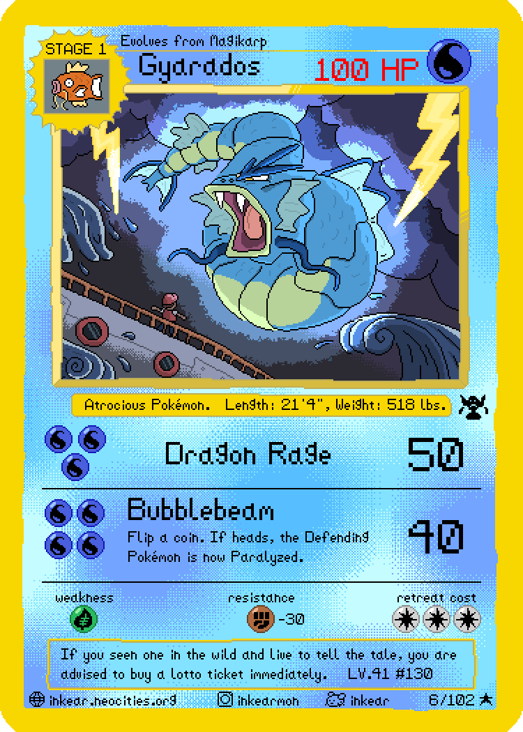 A redrawn pixel-art version of the Pokémon card Gyarados. The art depicts an enormous sea monster. It is floating in a stormy sky above a boat while turbulent waves crash all around. The Pokédex entry for the card says: "If you see one in the wild and live to tell the tale, you are advised to buy a lotto ticket immediately."